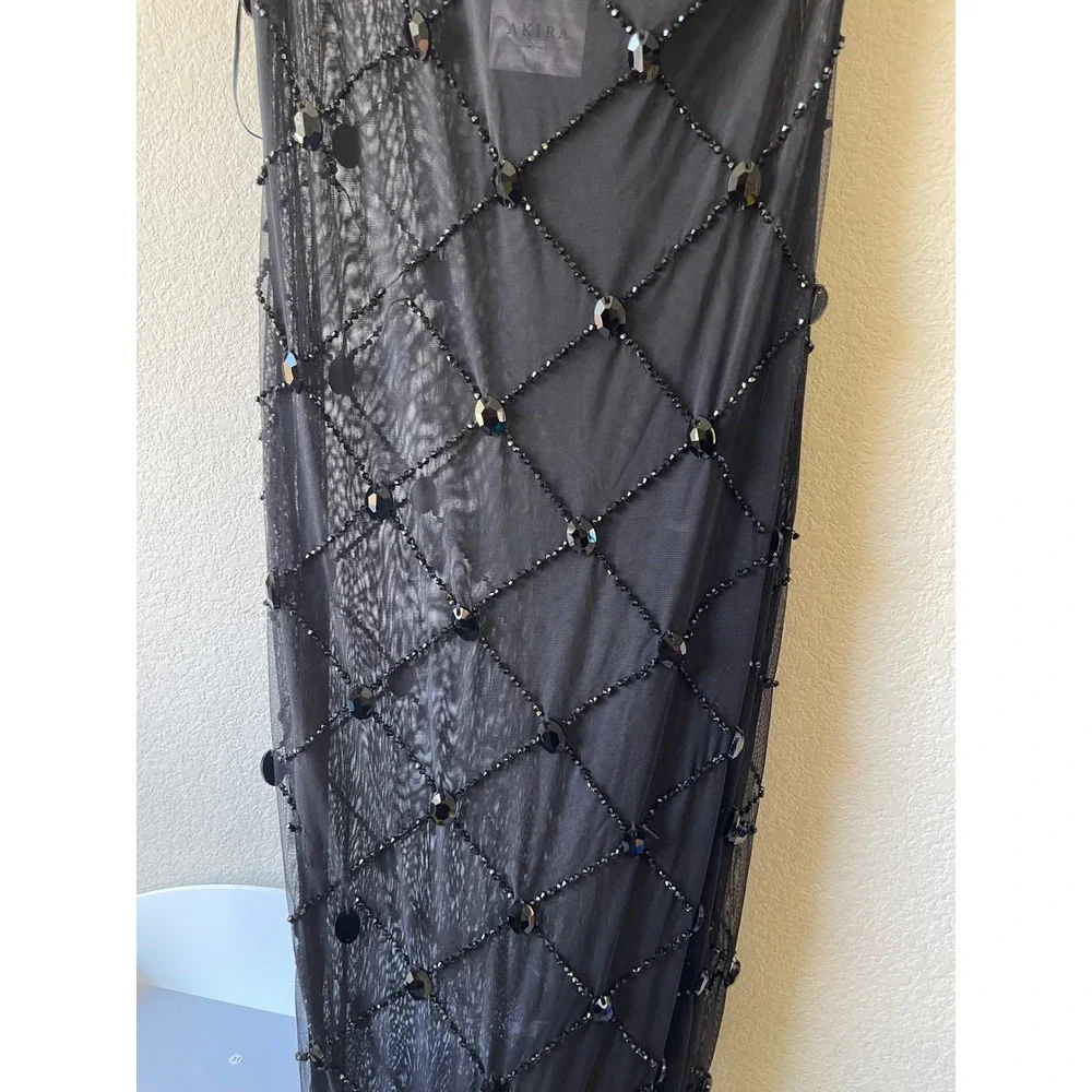 NWT Akira Black One Shoulder Beaded Mesh Maxi Dress Size M